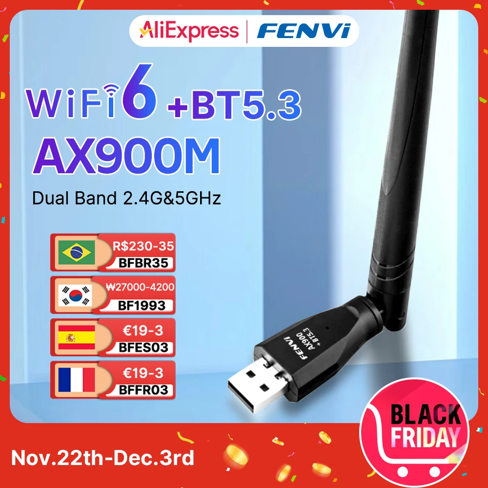 fenvi WiFi 6 AX900 USB Dongle Bluetooth 5.3 USB Wireless Adapter Dual Band 2in1 WIFI6 Receiver 2.4G 5G Free Driver For PC Laptop