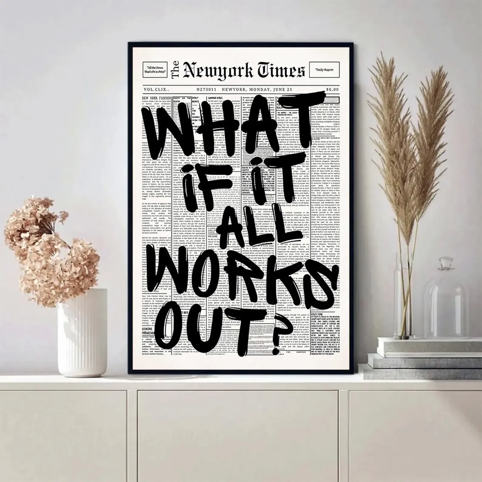 Newspaper Poster - What If It All Works Out - Positive Quote Canvas Wall Art, Affirming Minimalist Prints, Neutral Dorm Room Bed image 5