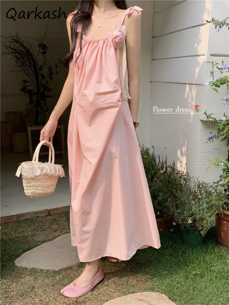 

Sleeveless Midi Dresses Women Summer Beach Flower Sweet Cute French Style A-line Vacation Bay Side Sundress Loose Outings New