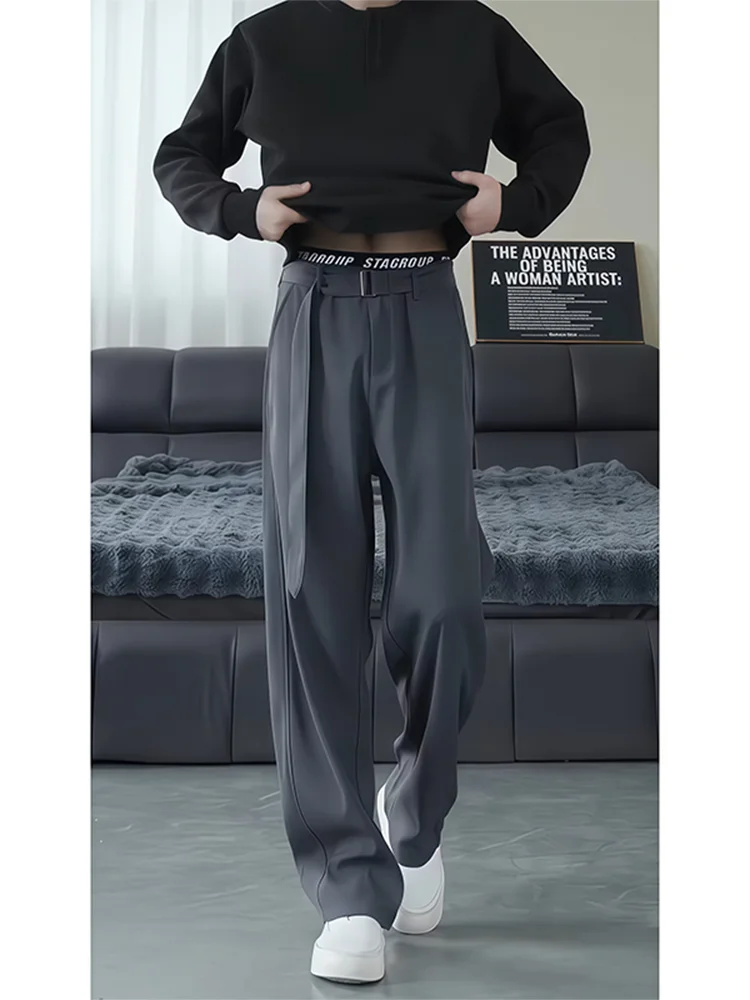Gray Waist Design Loose Trousers Men's CleanFit Premium Feel Slash Loose Heavyweight Suit Pants Iron-Free Treatment Casual Wear