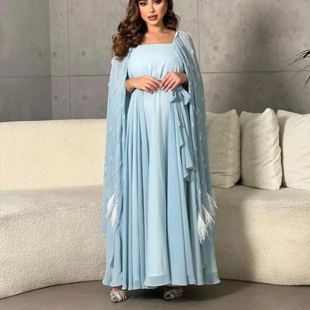 Party Gown Square Neck Shawl Feather Beaded Saudi Arabian Pregnant Women\'s Evening Dress Sheath Dubai Ankle-Length Prom Dresses