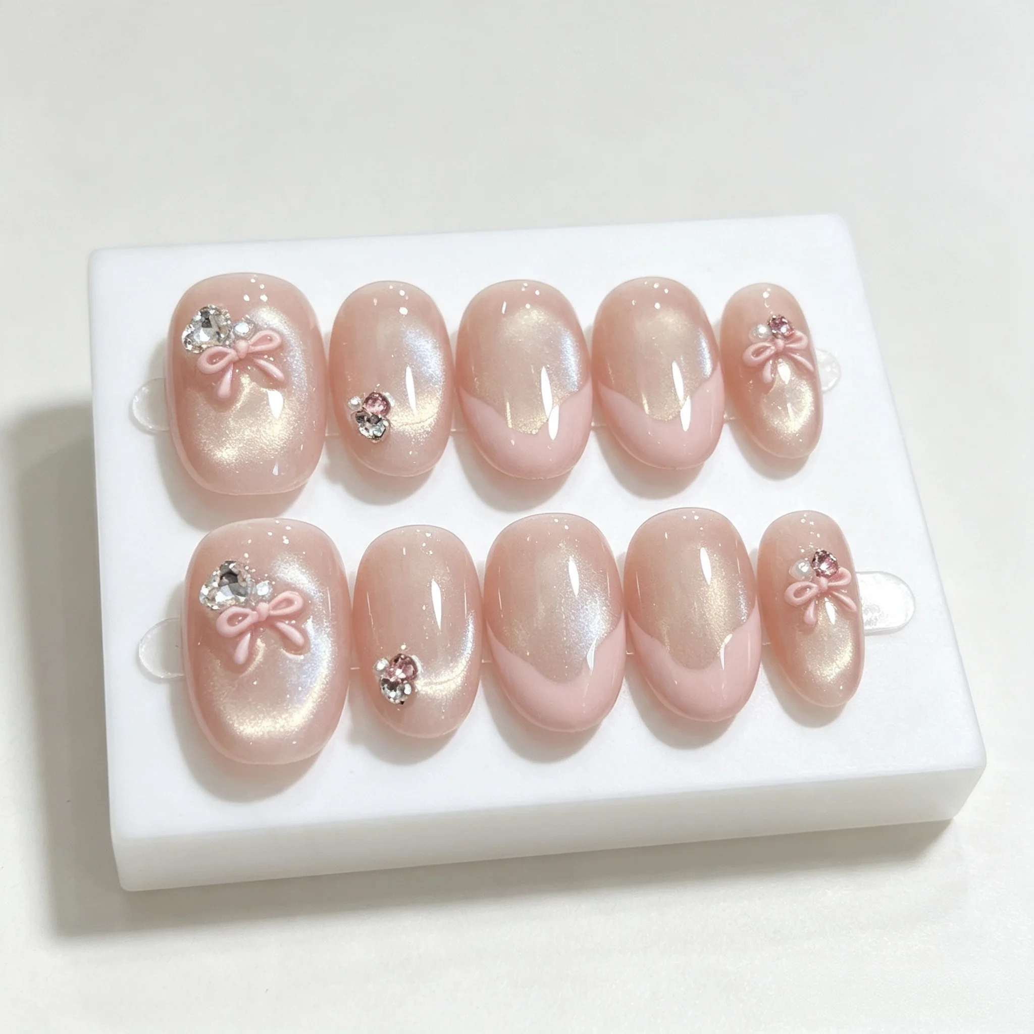 10pcs Pink Cat Eye French Handmade Press On Nails 3D Pink Bow Rhinestone Fake Nail Short Oval Nude Fasle Nail for Women&Girl