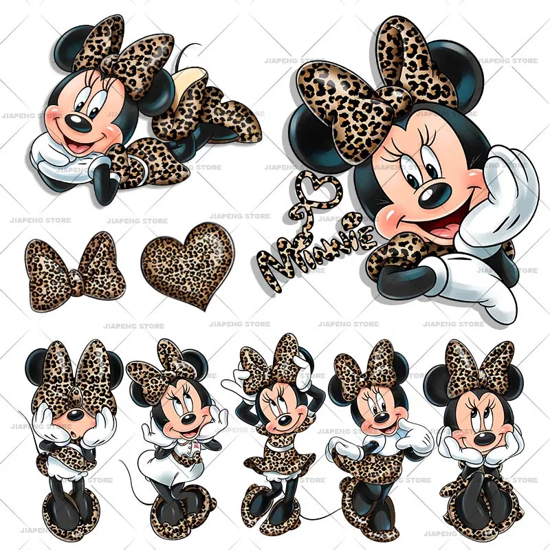 New Minnie Mouse Leopard Print Patches for Clothes Disney Heat Vinyl Transfer for Woman Clothing Luxury Ironing Sticker Applique