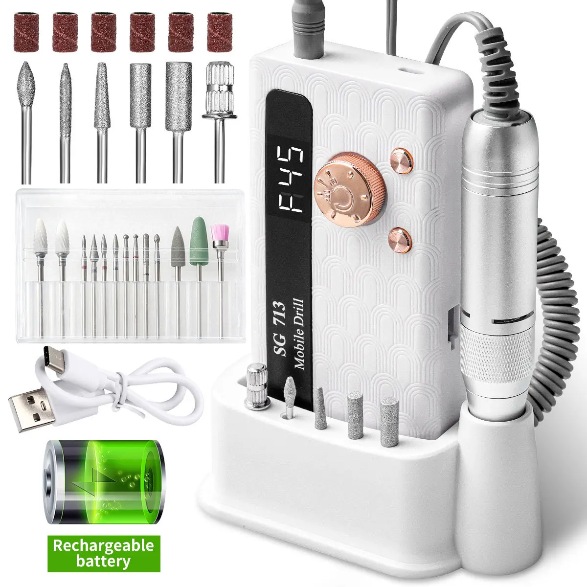 Power Storage Model, High-power Nail Polisher, Nail Removal Tool Set, Ceramic Head, Tungsten Steel Grinding Head 45000 Rpm Tool