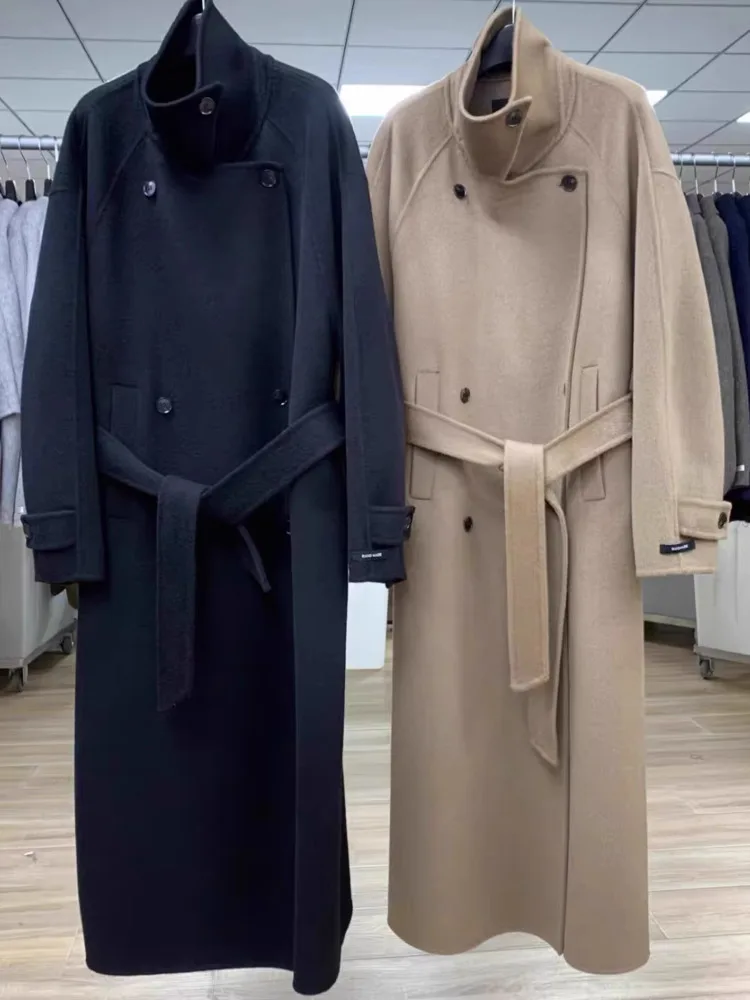 معطف DFDG 2025 F/W للسيدات بحزام من الكشمير مع ياقة واقفة كبيرة الحجم وخطوط طويلة مصنوعة يدويًا بأزرار تفاصيل معطف