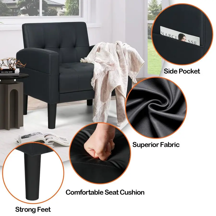 거실용 악센트 의자 2개 세트, 편안한 안락의자, 사이드 포켓이 있는 모던 가죽 싱글 소파 의자, 독서용