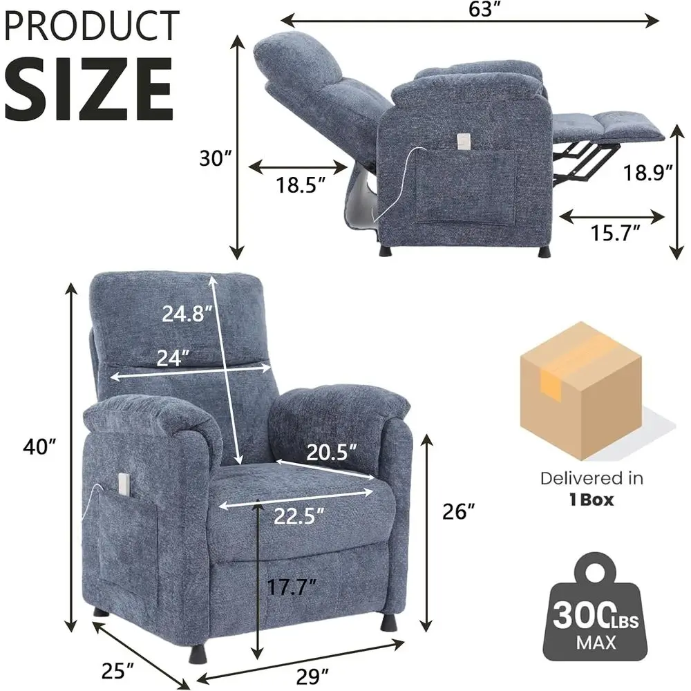 Electric Power Recliner Chair with Remote Control, Side Pockets for Small Spaces, Suitable for Adults - Blue