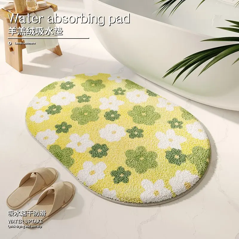 VIKAMA Pastoral Green White Flower Oval Bath Mat Lamb Fleece Soft Non Slip Absorbent Quick Dry Bathroom Bedroom Decor Rug