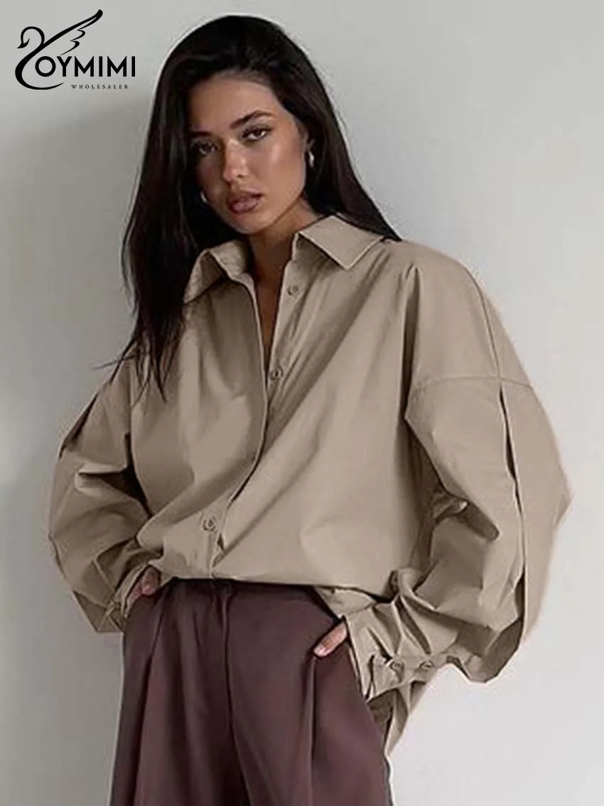 Oymimi Fashion Khaki Cotton Women Shirts Elegant Long Sleeve Single Breasted Blouses Casual Turn-Down Collar Solid Shirt Female