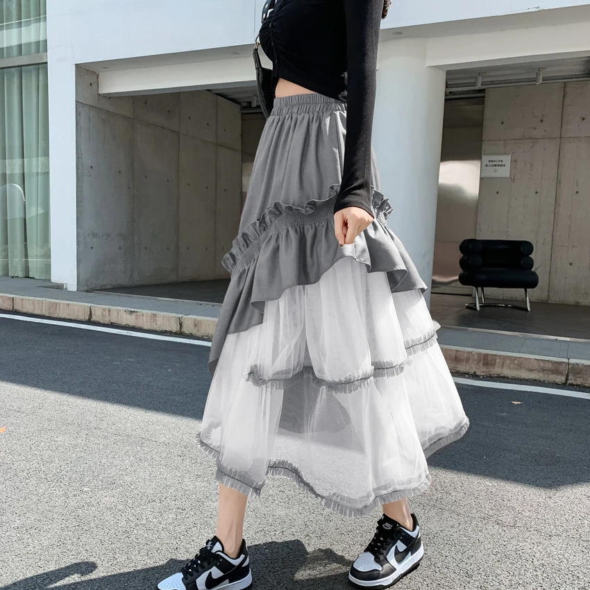 Girls Kawaii Gauze Splice Y2k Black Skirt Women Fashion Outerwear Pleated Skirt Female Ladies Casual Long Gothic Plaid Skirts