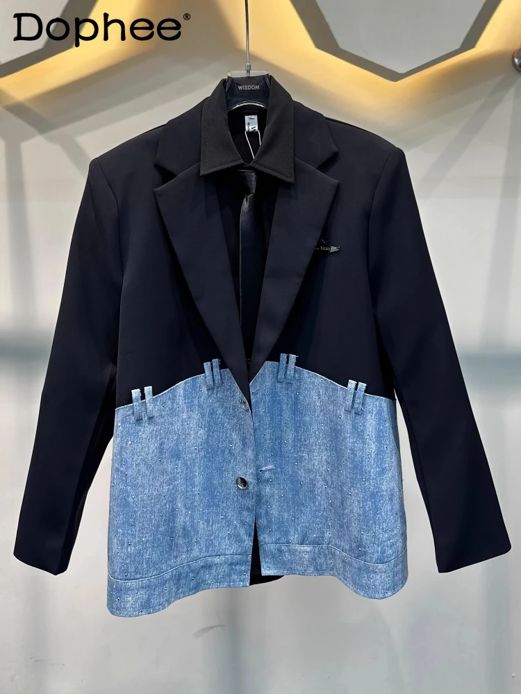 Blazers masculino contraste cor emenda denim moda terno jaqueta quente diamante design solto versátil ombro acolchoado terno jaquetas