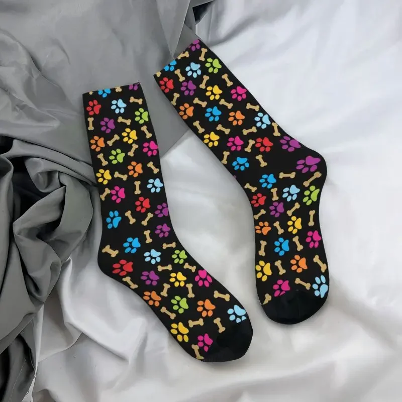 Unisex Paw Print Crew Socks, Novidade, Colorido, Dog Pattern, Primavera, Verão, Outono, Vestido de Inverno