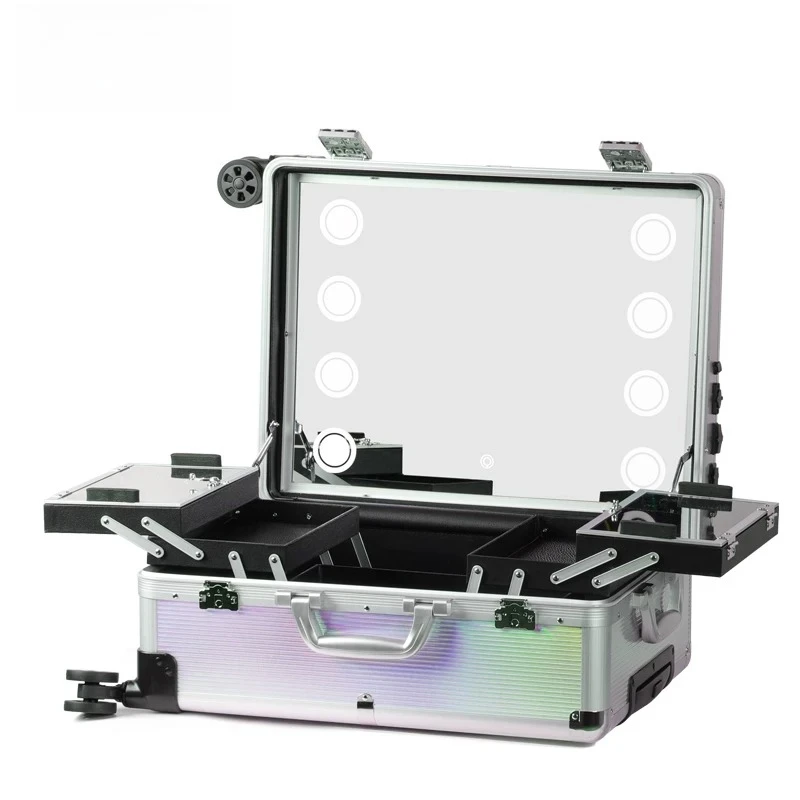 Professional Rolling Makeup Trolley Box with Light & Tempered Glass Mirror, No Stand for Makeup Artists