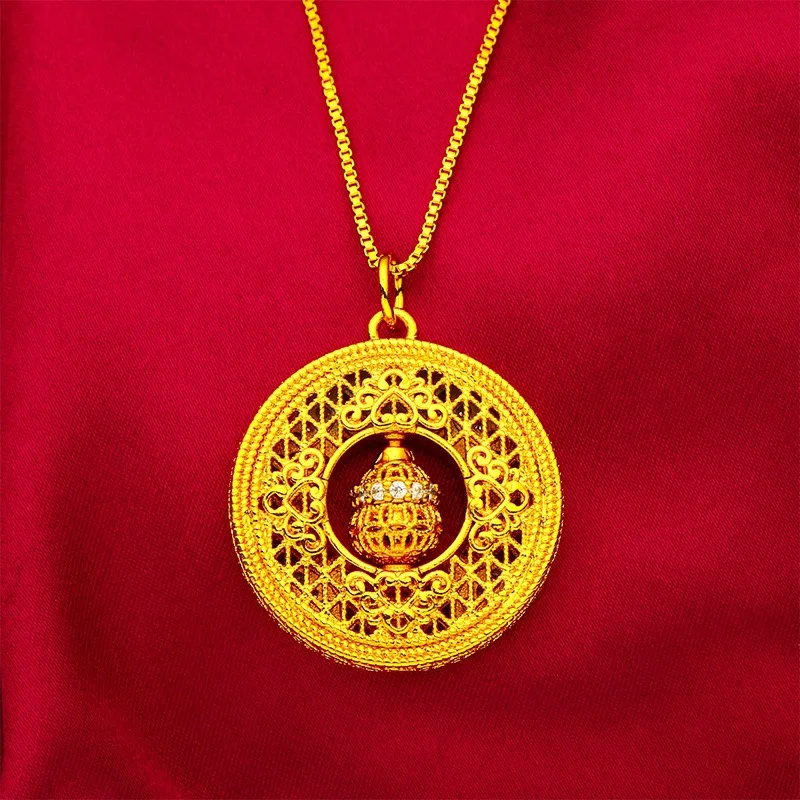 Palace style 9999 24K real gold women's woven flower hollow transfer bead gold necklace pendant