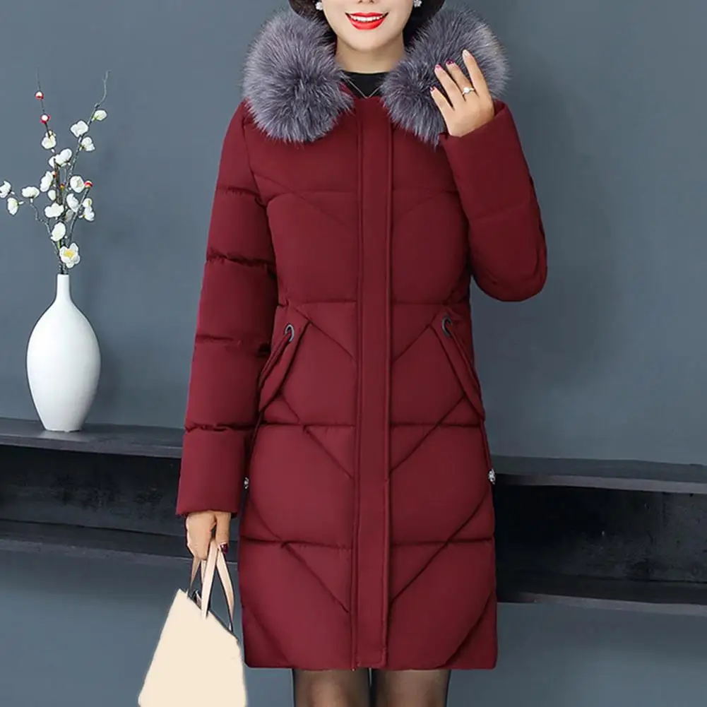 Winter Women Cotton Jacket Mid Length Zipper Closure Padded Coat With Furry Hood Solid Color Neck Pockets Outwear