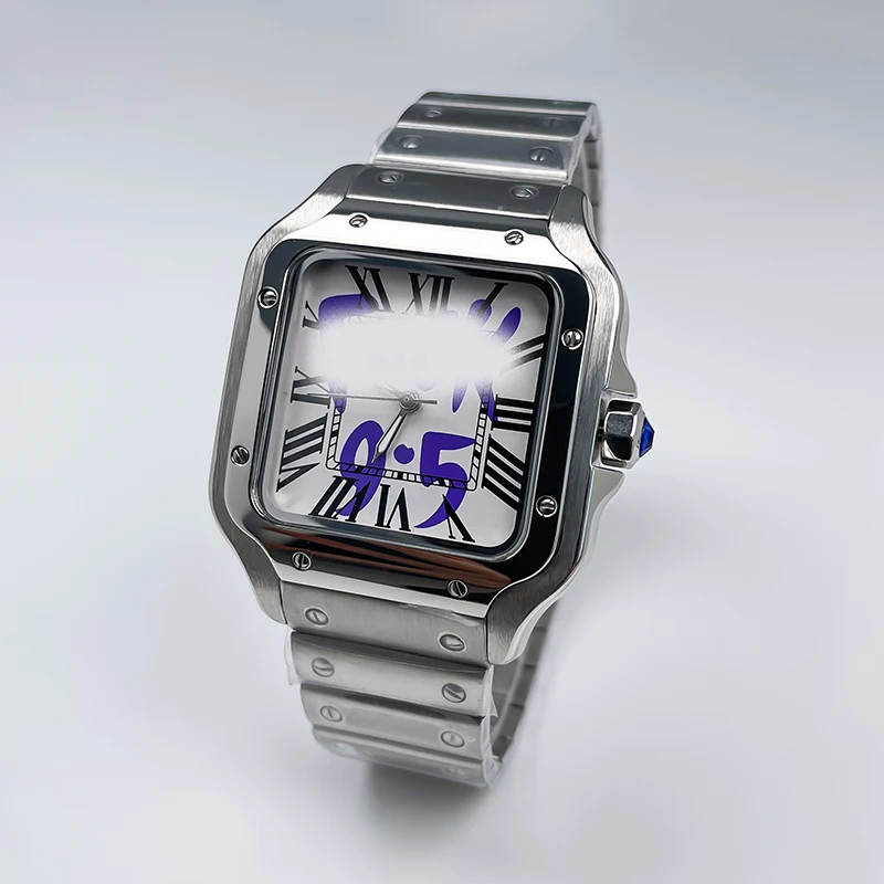 38mm Square Chinese NH35 Movement Graffiti Men's Automatic Watch Silver Unmarked Stainless Steel Strap Mechanical Watch