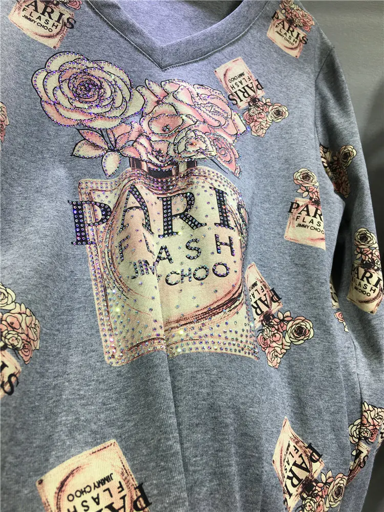 Fashion Lady New Autumn Winter Gray Long Sleeve T-shirt All-match V-neck Pullover Top Large Size Rose Hot Diamonds Basic Tees