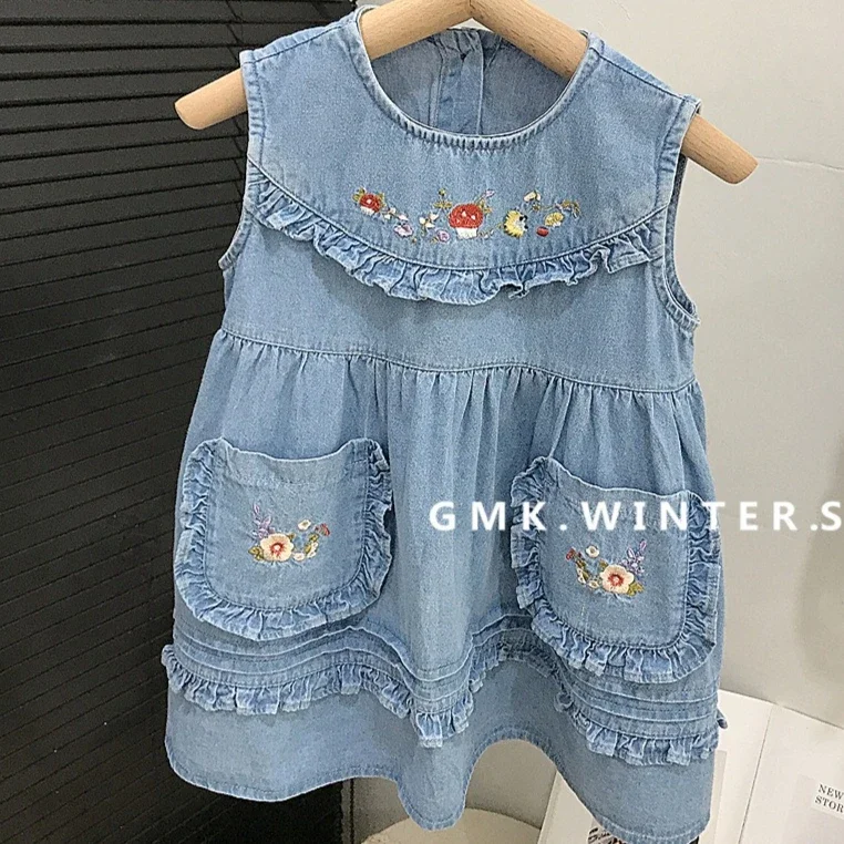 

Girls Skirt 2025 Summer New Children's Clothing Korean Style Girls Baby Wooden Ear Side Embroidery Denim Skirt Casual Simple