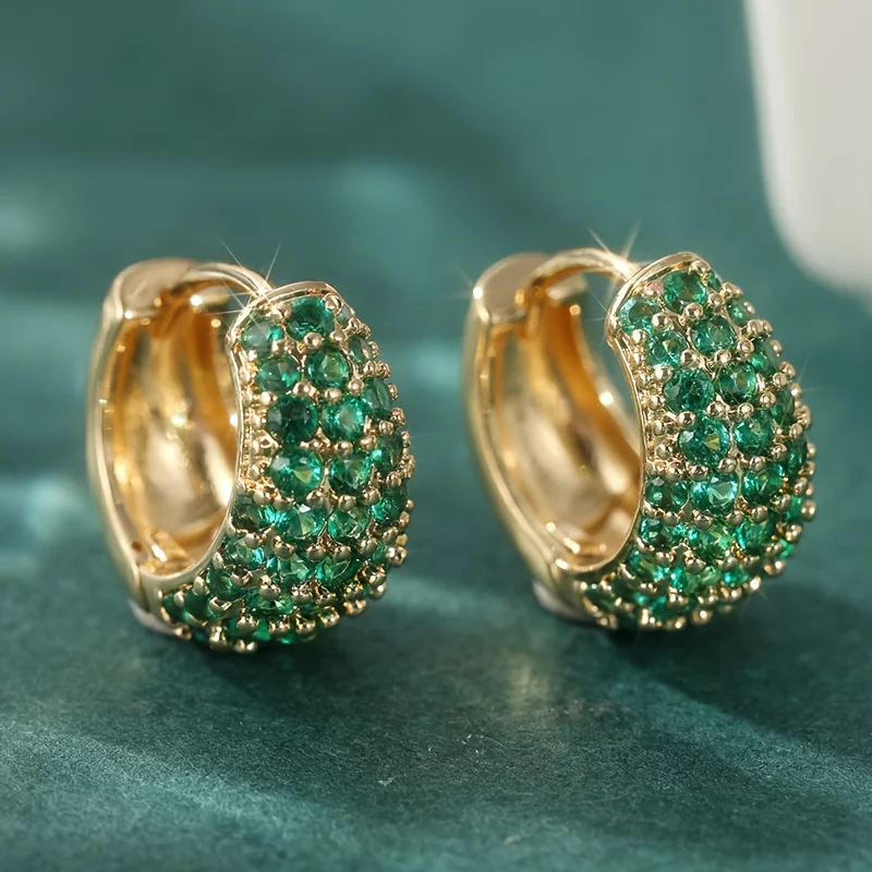 Women's Vintage Elegant Hoop Earrings - Gold-tone hoop earrings with emerald-colored synthetic diamonds, suitable for weddings, daily wear, high-end women's earrings, formal occasions, vintage design, high-quality plating, fashion enthusiasts