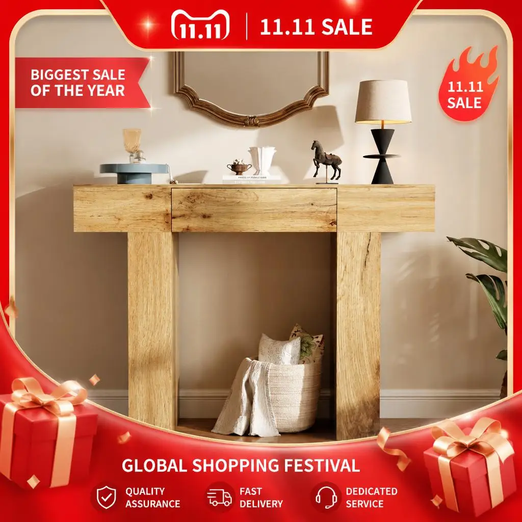 Tavolino consolle stretto GarveeLife, 120 cm, ideale per il corridoio o da posizionare dietro il divano, in legno con cassetto e ripiano contenitore, stile industriale e rustico, finitura naturale.