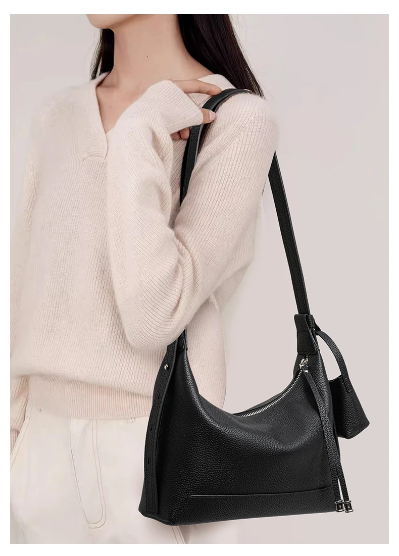 Hobo-Tasche aus genarbtem Rindsleder für Damen mit zwei Trageriemen, weichem Rindsleder und Einzel-Schulterriemen für den täglichen Freizeitgebrauch. – Detail 3