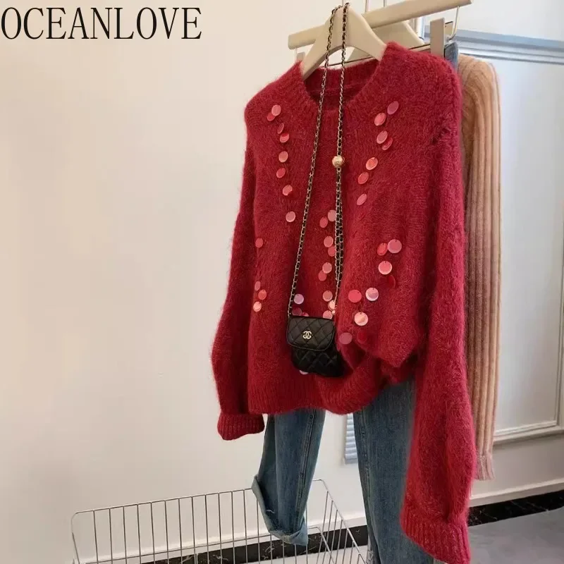 OCEANLOVE Mohair Sweaters Sequins Solid Autumn Winter Warm Women Pullovers Korean Fashion Thick Casual Sweet Pull Femme