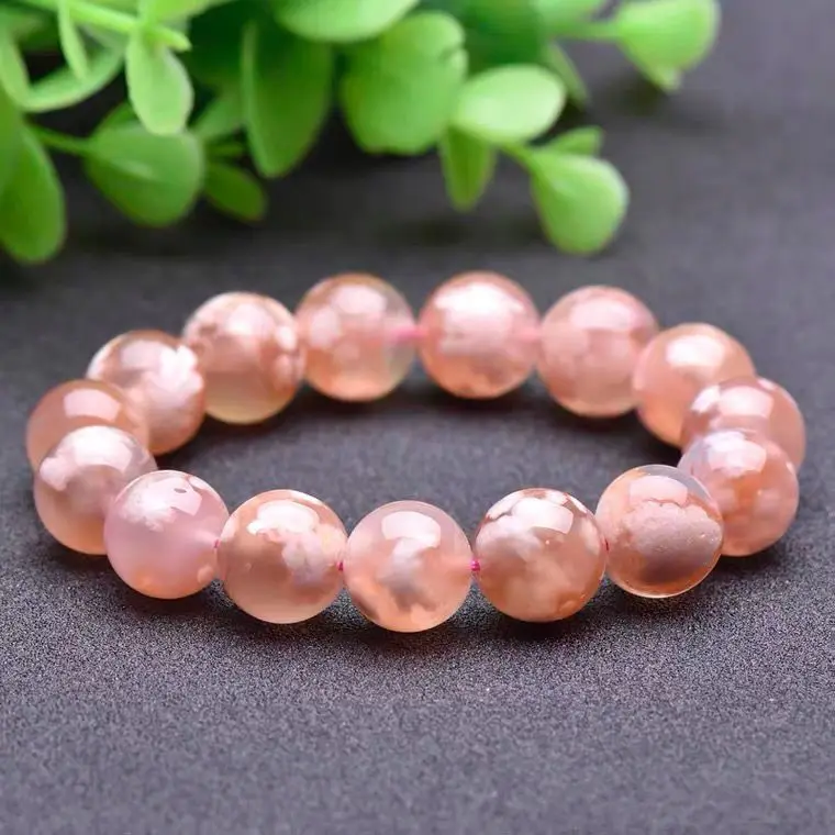 Natural Cherry Blossom Agate Bracelet Women's Pink Crystal Single Circle Hand String Fashion Jewelry Gift for Girlfriends Wealth