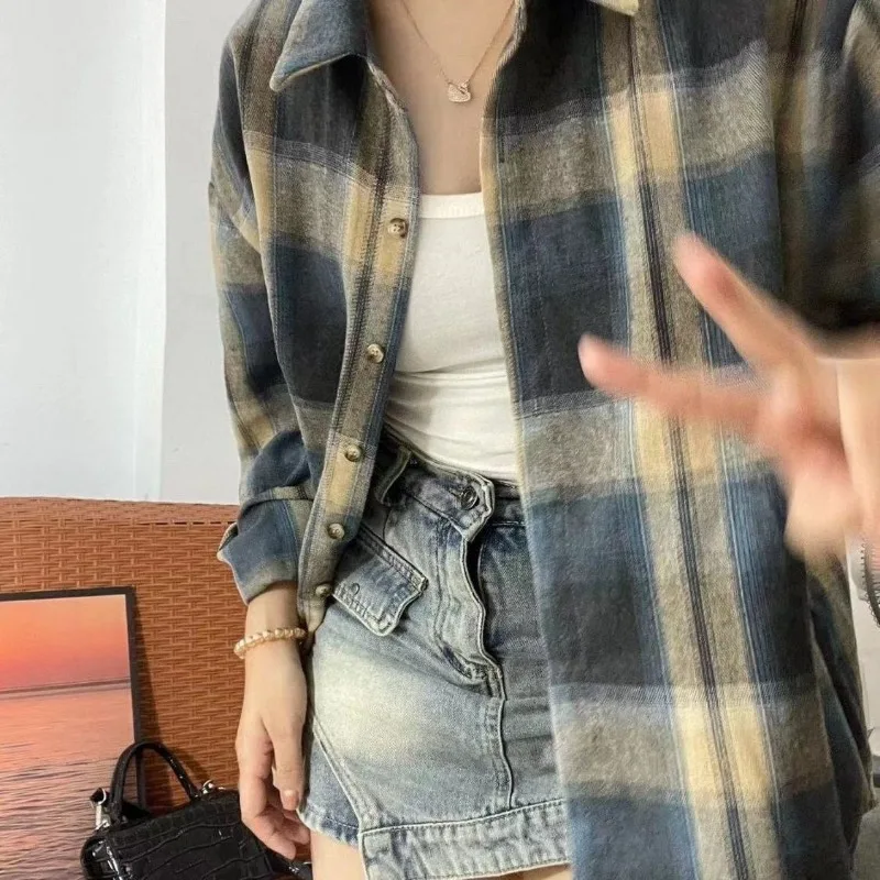 Deeptown Vintage Y2K Plaid Frauen Shirt Streetwear Langarm übergroße Bluse Harajuku koreanische Mode ästhetische lässige Frau