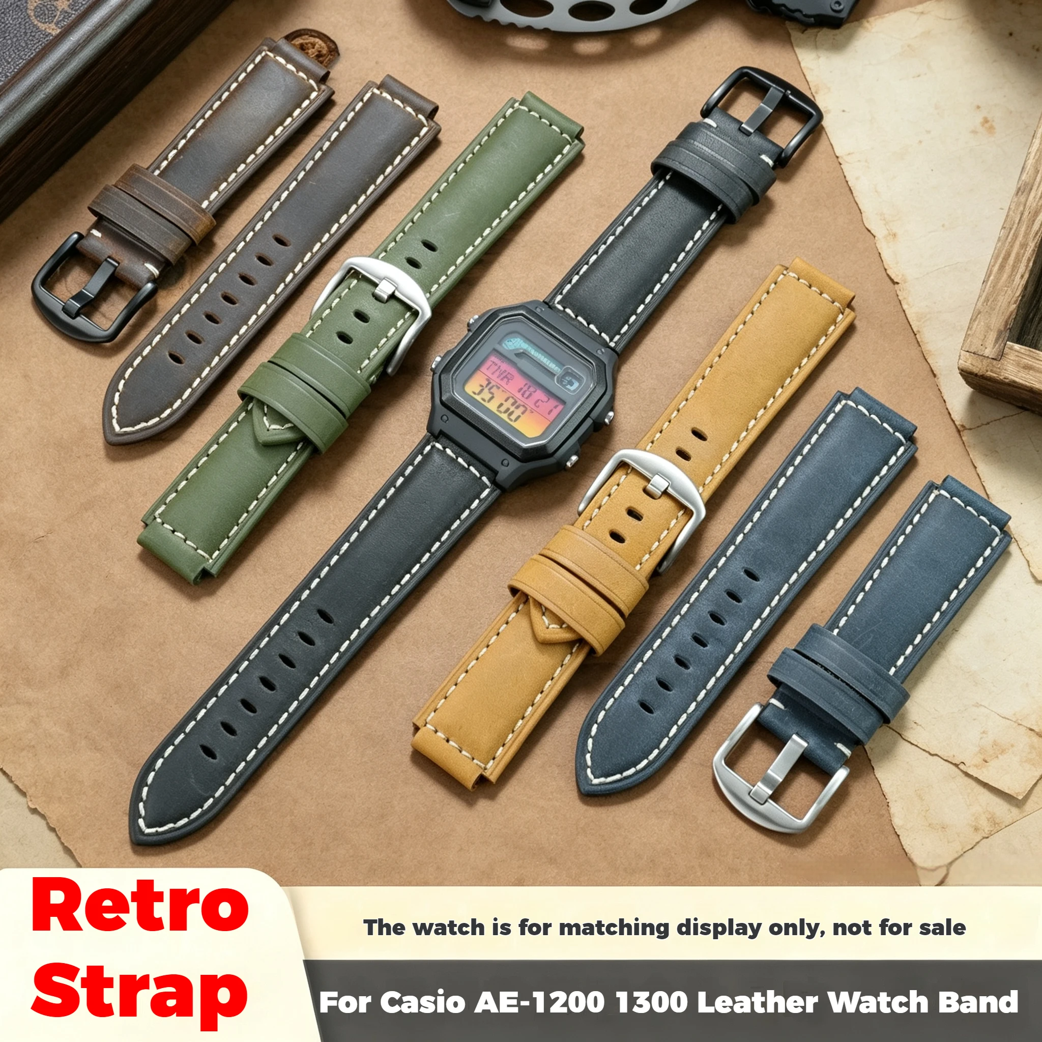 For Casio AE1200WH AE-1300 WS1600 Retro Frosted Leather Watch Strap Modified AE-1200 Watch Case Mod Kit DIY Inner Screen Film