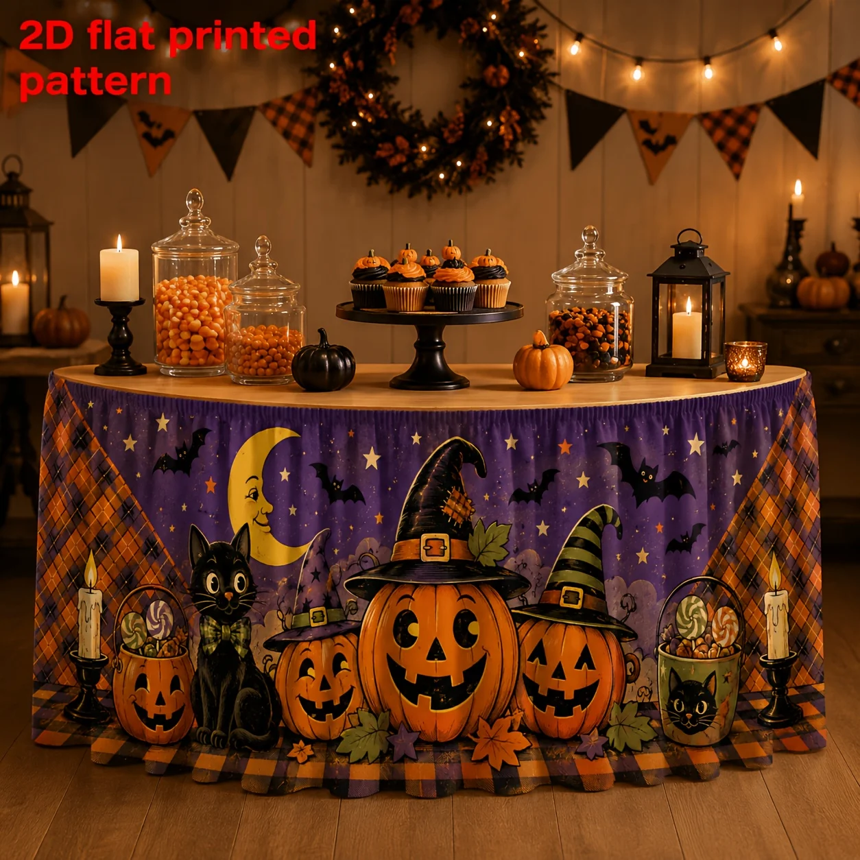 1 tablecloth table skirt, polyester print small horn lamp witch hat black cat bat candy candle maple leaf plaid