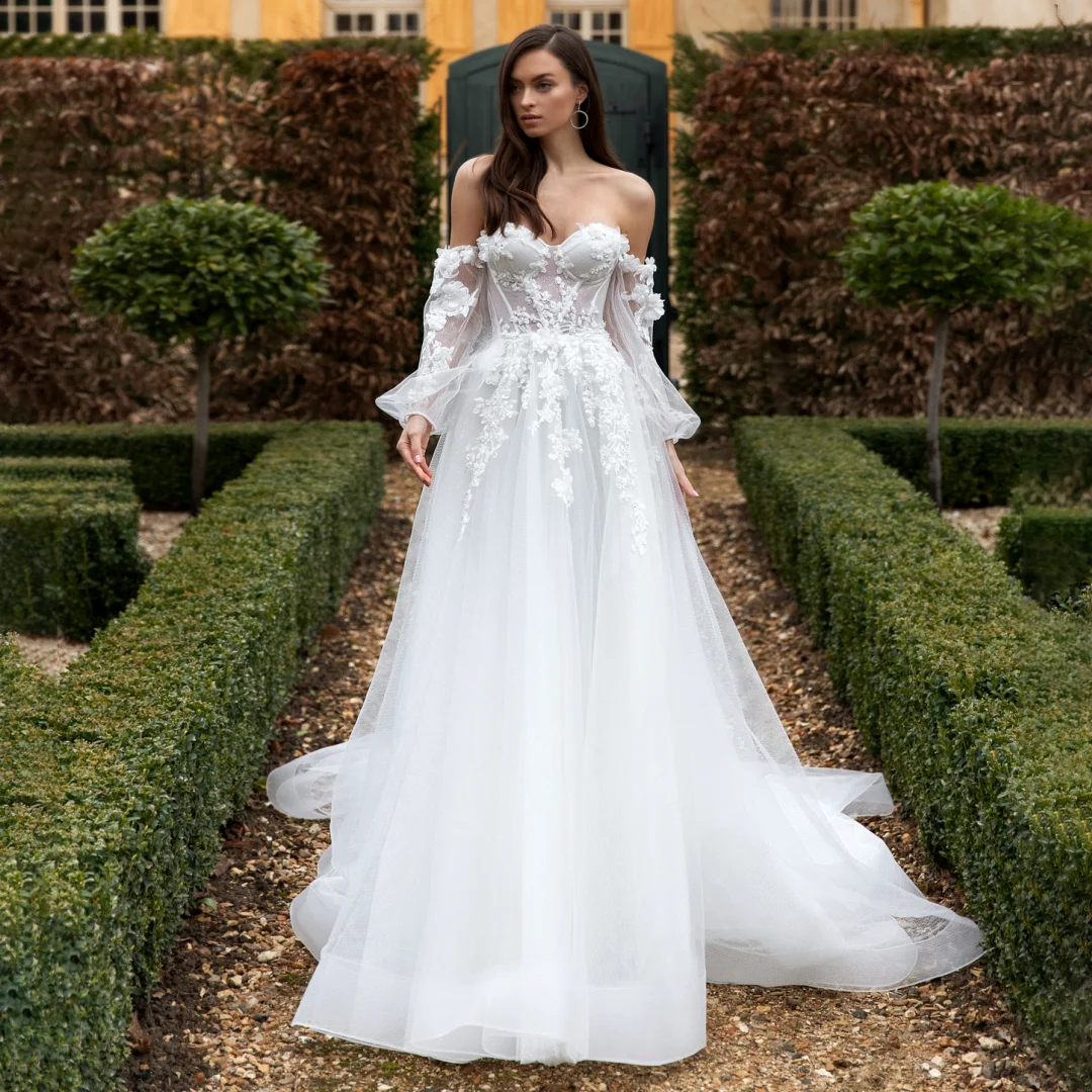 

Gorgeous Flowers Long SleevesTulle Wedding Dresses Sweetheart Corset Off the Shoulder A-line Formal Luxury Marriage Bridal Gowns