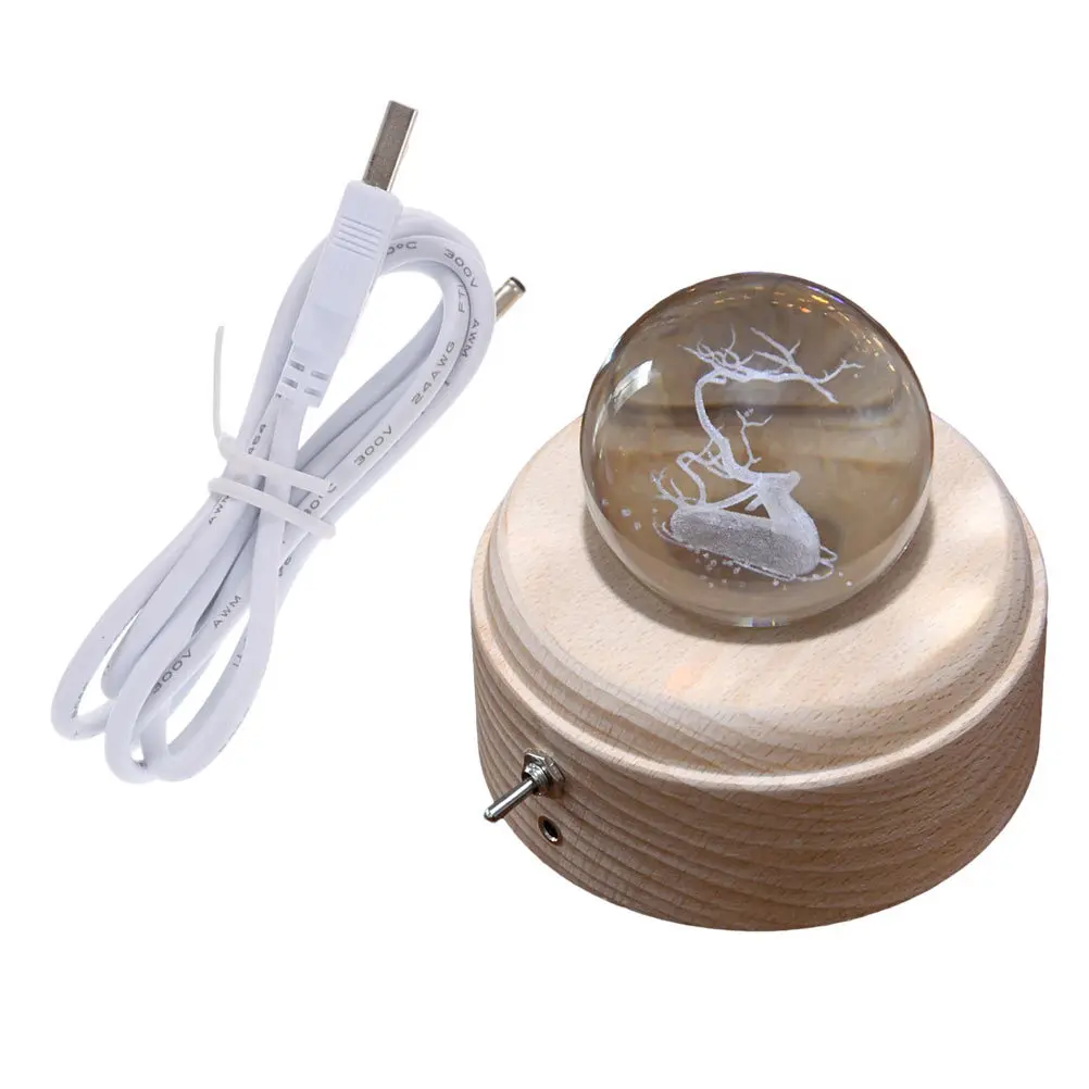 

1 set Elk Inside Crystal Ball Led Night Light Music Box Wood Base Glowing Decor Small Night Light For Home Desktop Gift Choice