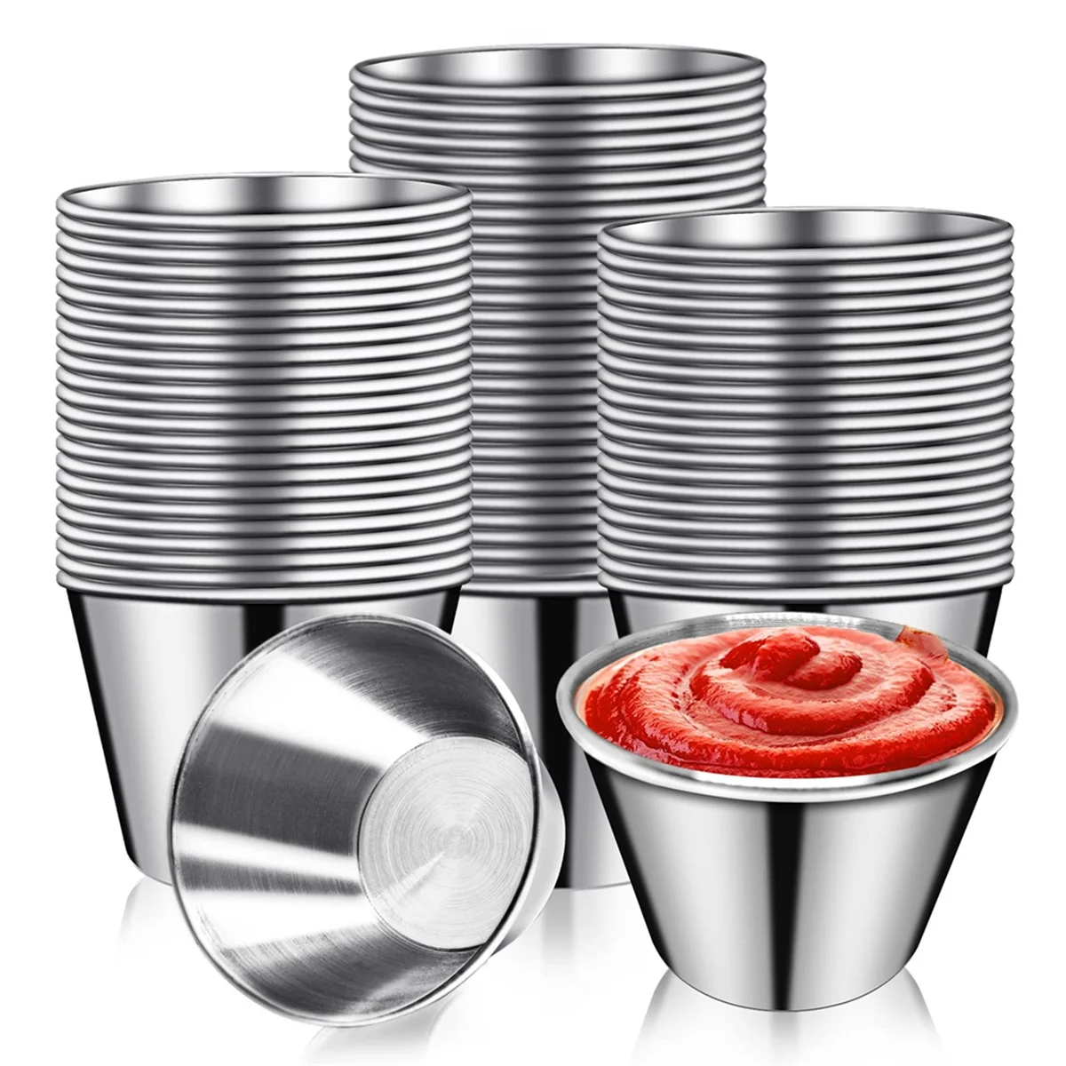 

50 Pcs Metal Sauce Cups 2.5oz Ramekins, Stainless Steel Dipping Sauce Cups Metal Condiment Container Reusable