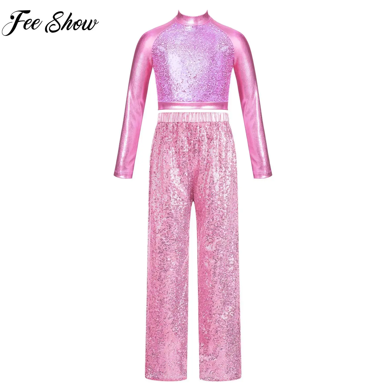 

Girls Jazz Dance Performance Costume Kids Sparkly Sequins Long Sleeve Crop Top+Pants Outfit Children's Hip-hop Street Dancewear