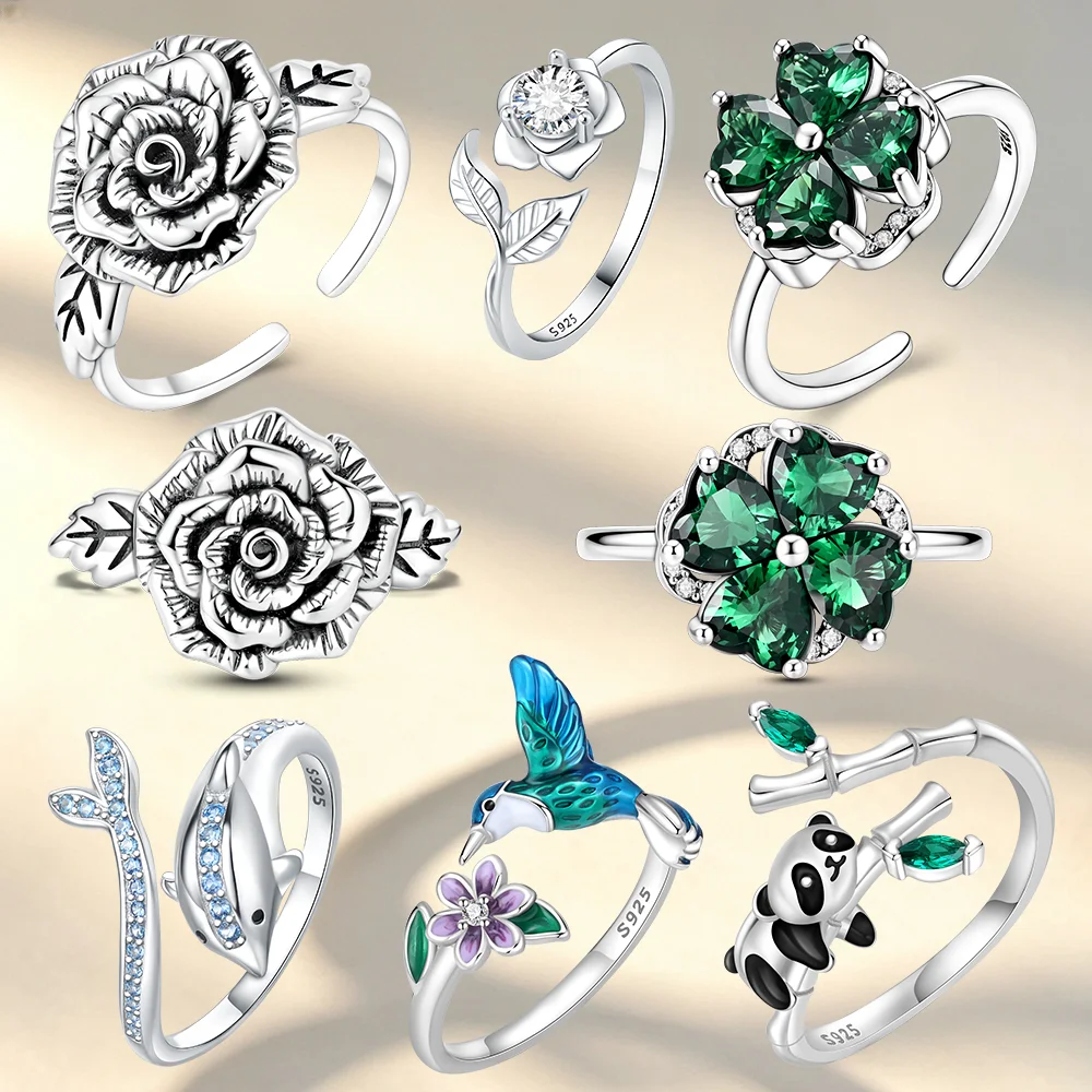 Rose Clover Panda Hummingbird Dolphin Open Ring Original Silver Ring Women Jewelry Valentine's Fine Gift Party Daily Ornament