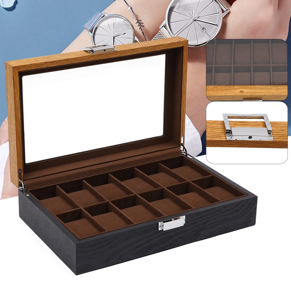 

LOYALHEARTDY Wooden Gift Box Watch 12 Slots Box Case Watch Box Organizer Jewelry Display Case with Glass Top