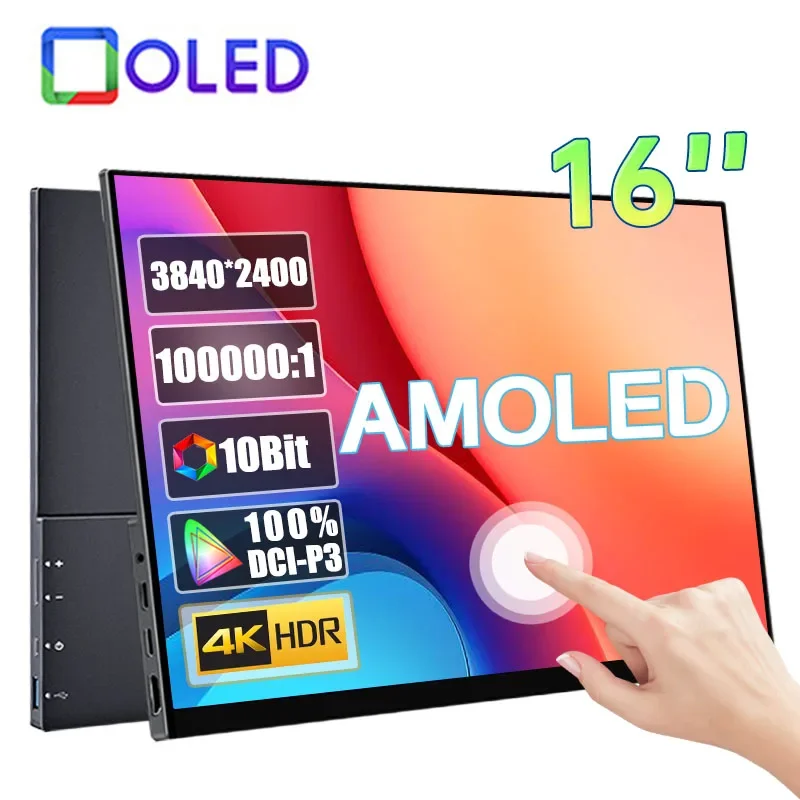 16 Inch 4K AMOLED Touch Screen Portable Monitor 3840*2400P 100%DCI-P3 500Nit 10Bit 100000:1 Display For PC Laptop Phone PS5 Xbox