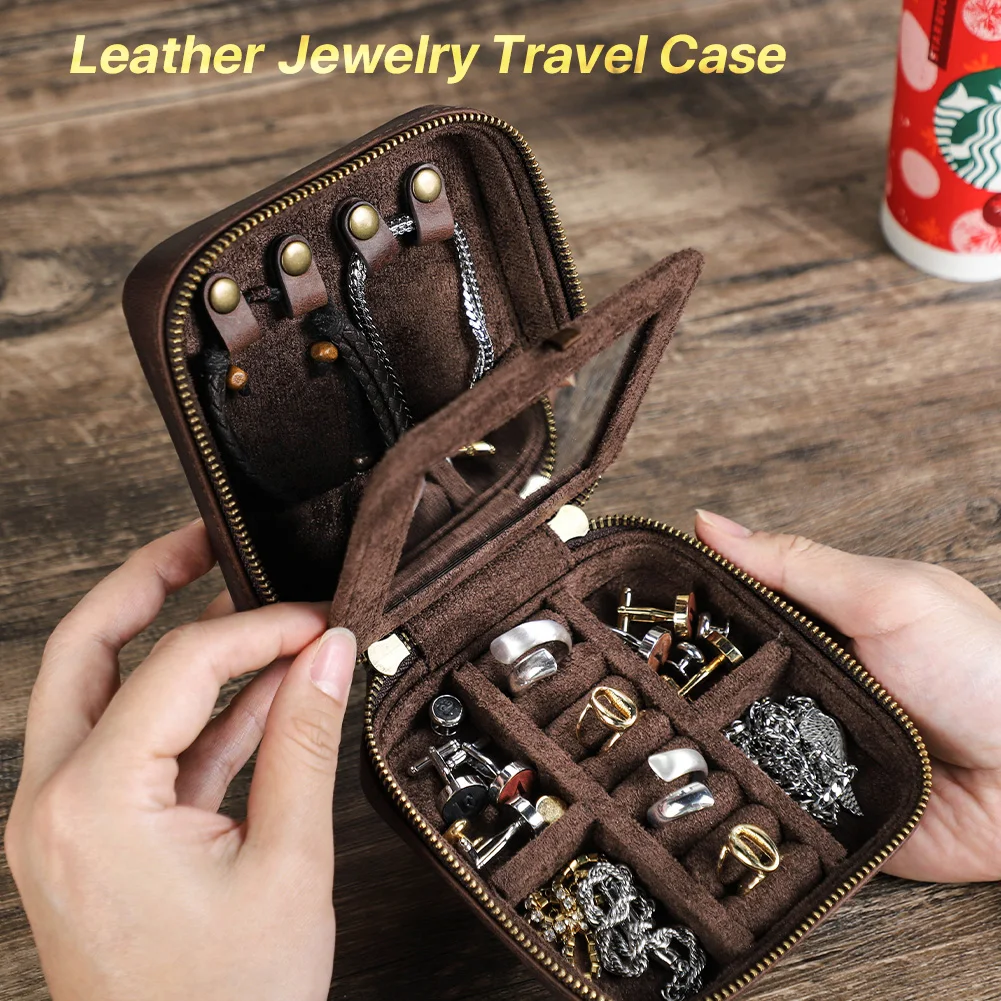 Retro Genuine Leather Travel Jewelry Double Layered Ring Necklace Bracelet Mirror Box Portable Storage Display Square Case Gift