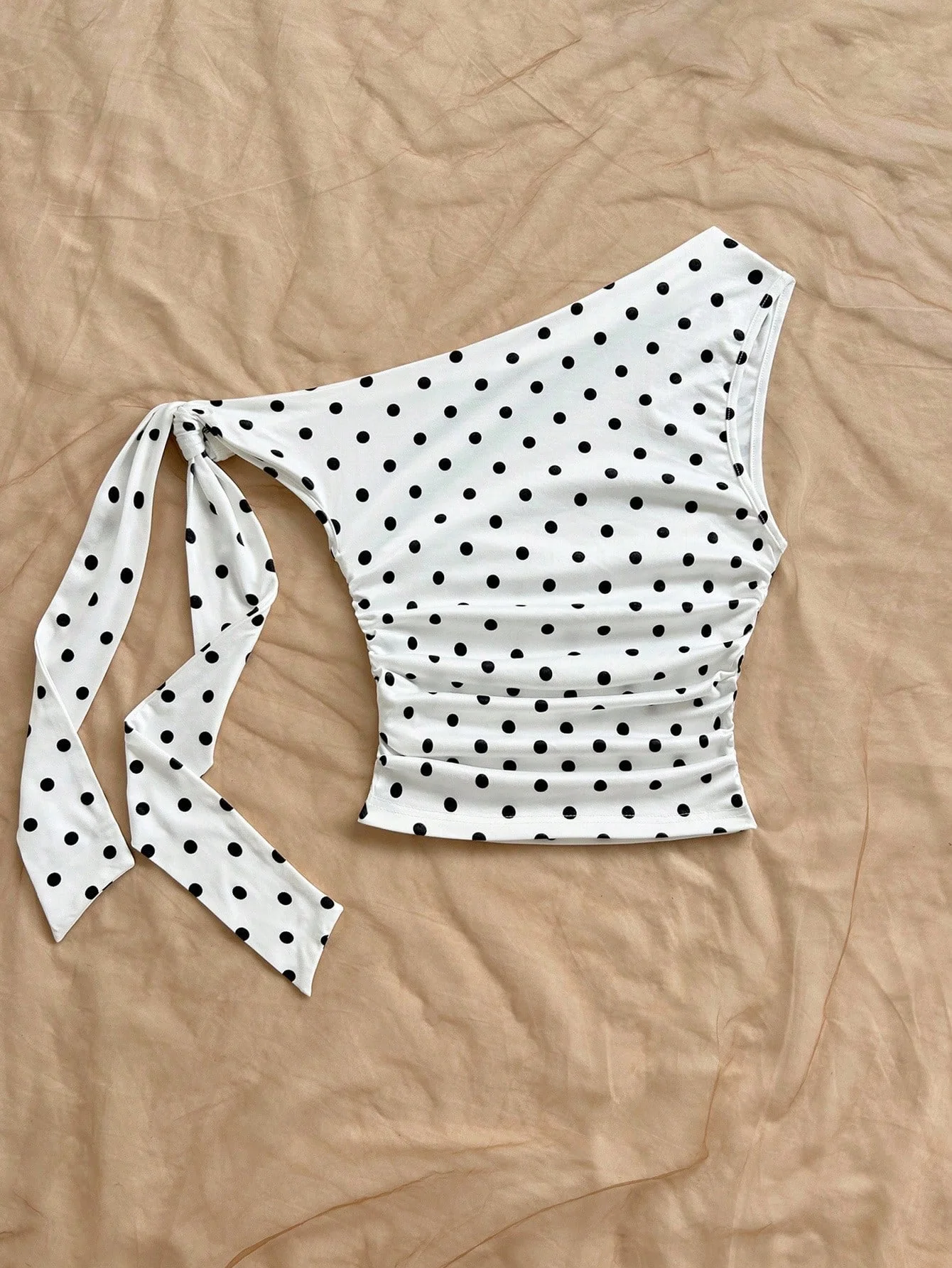 Women's Polka Dot Short Top, Women's Y2K Polka Dot Printed Pleated Asymmetrical Shoulder Top