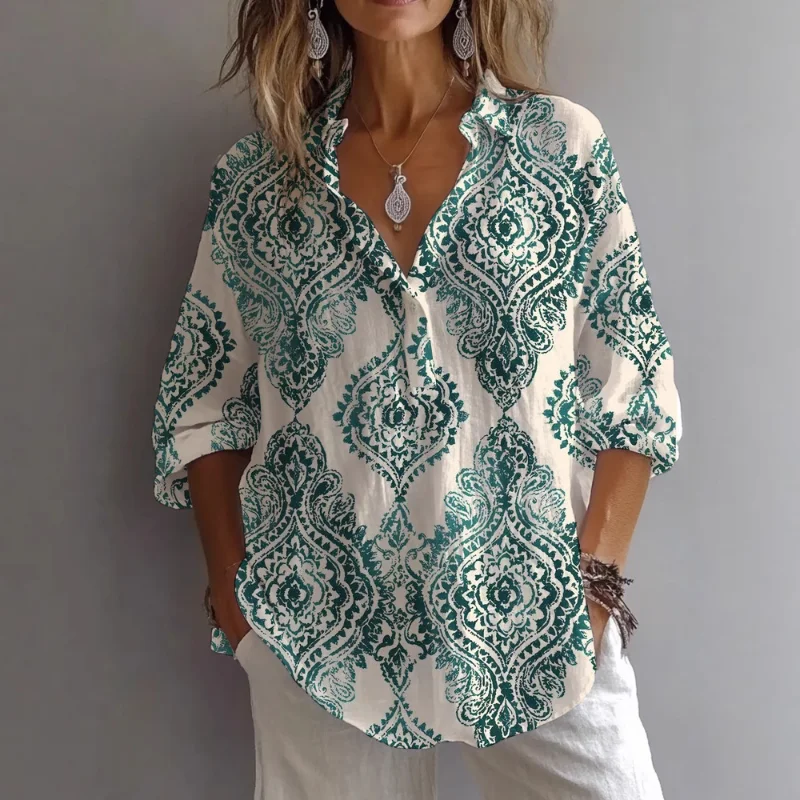 2025 nueva camisa informal con estampado Digital Regular y cuello levantado de tubo de puerta de manga larga para mujer