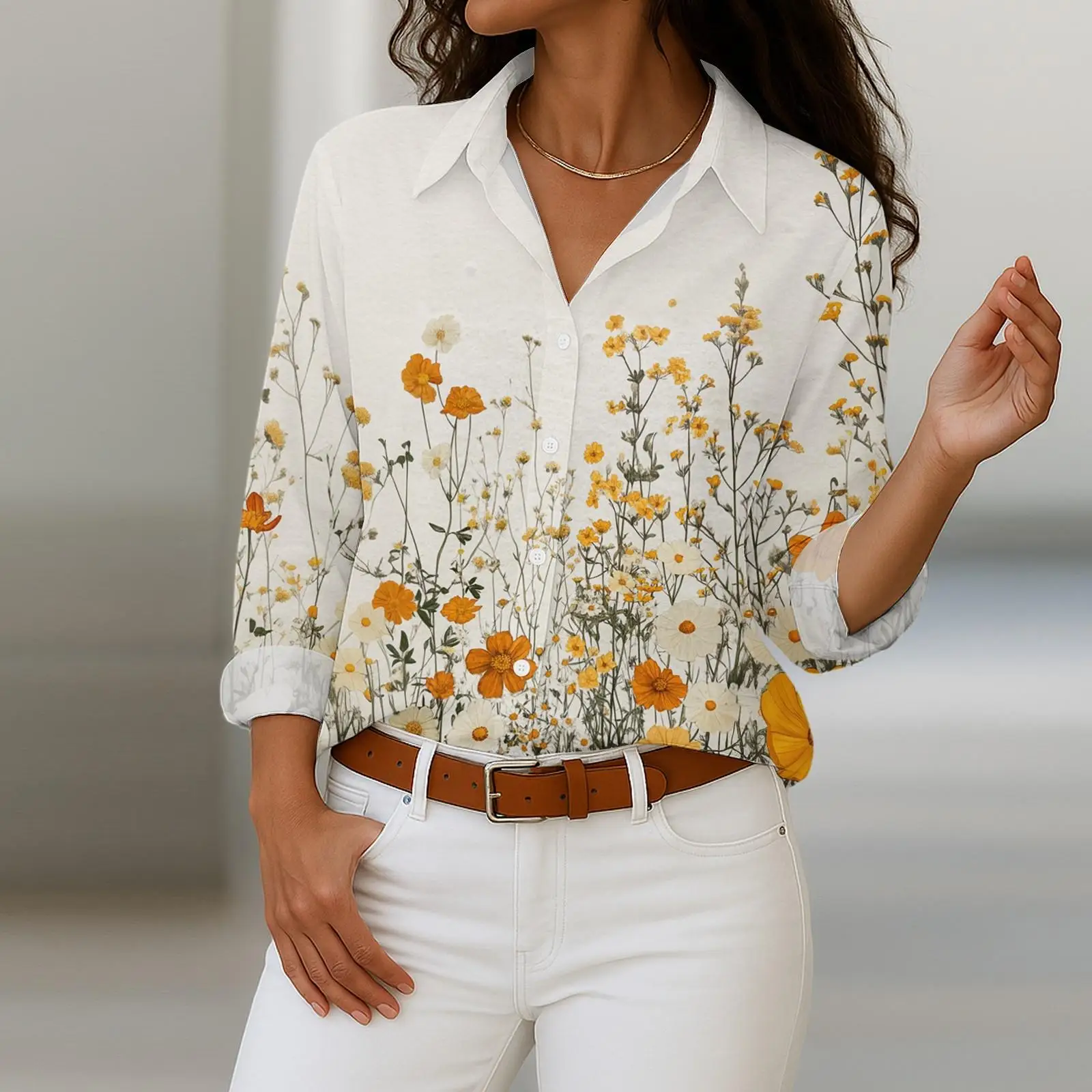 Koszule damskie w kwiatowe wzory z długim rękawem, z kołnierzykiem, codzienne, eleganckie bluzki na wiosnę i jesień, styl do pracy, koszula damska