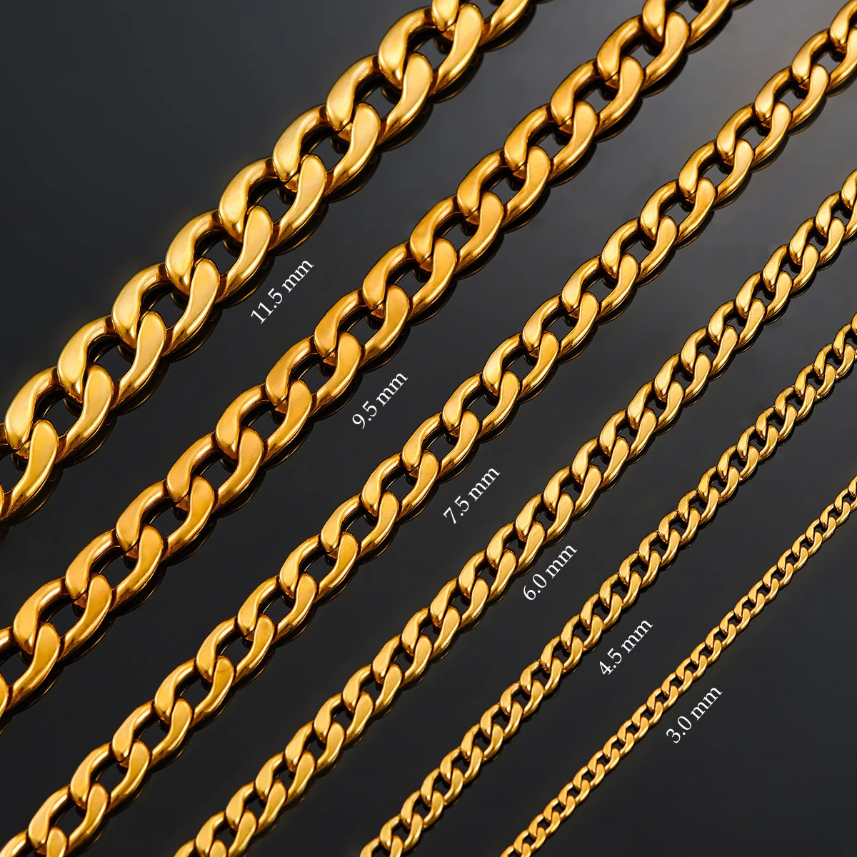 3mm/4.5mm/6mm/7.5mm/9.5mm/11.5mm Stainless Steel Cuban Link Classic Necklace Chain Gold Color for Men Women Jewelry