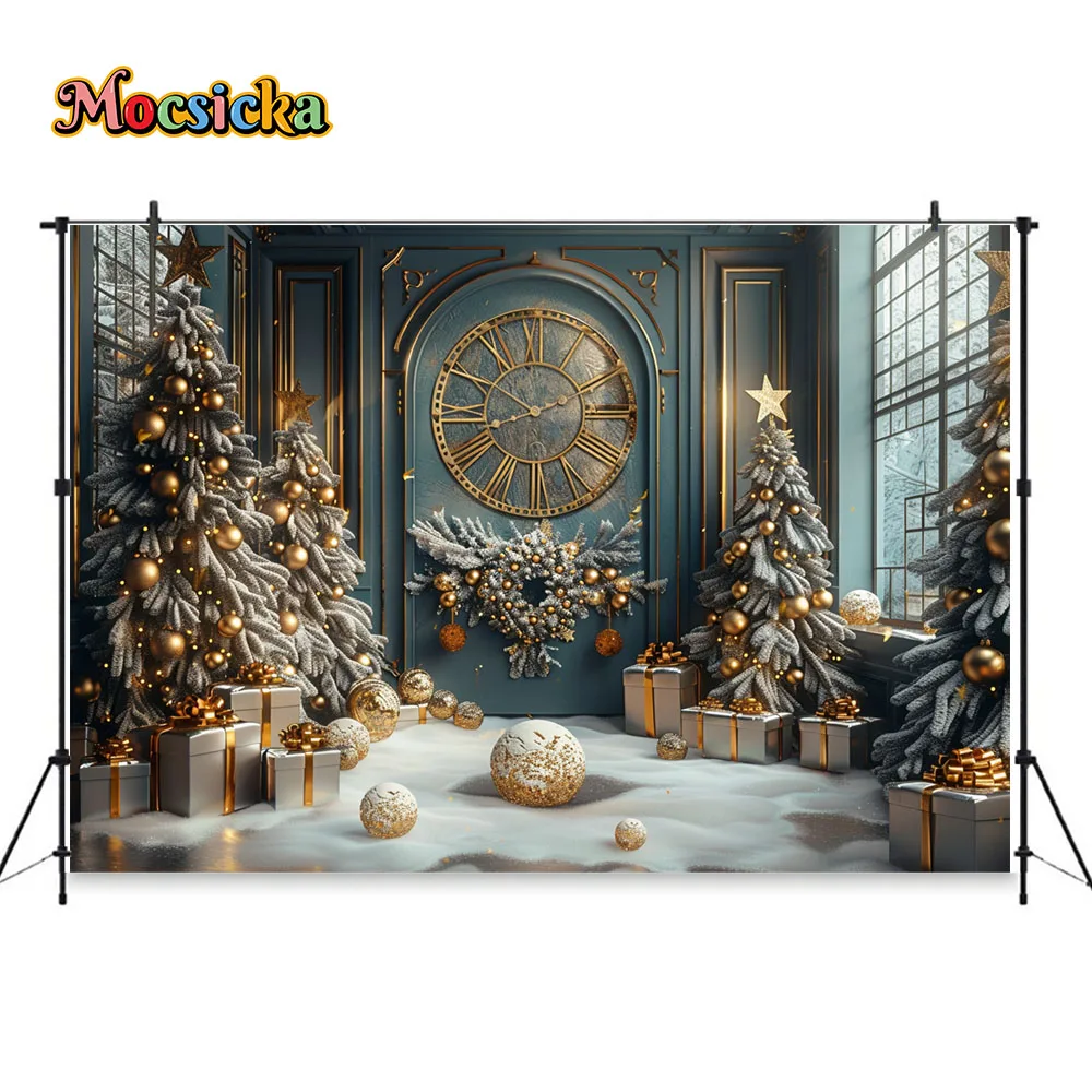 Christmas Photography Background Gold Clock Xmas Tree Decor Family Portrait Backdrop Winter Kid Birthday Indoor Palace Booth