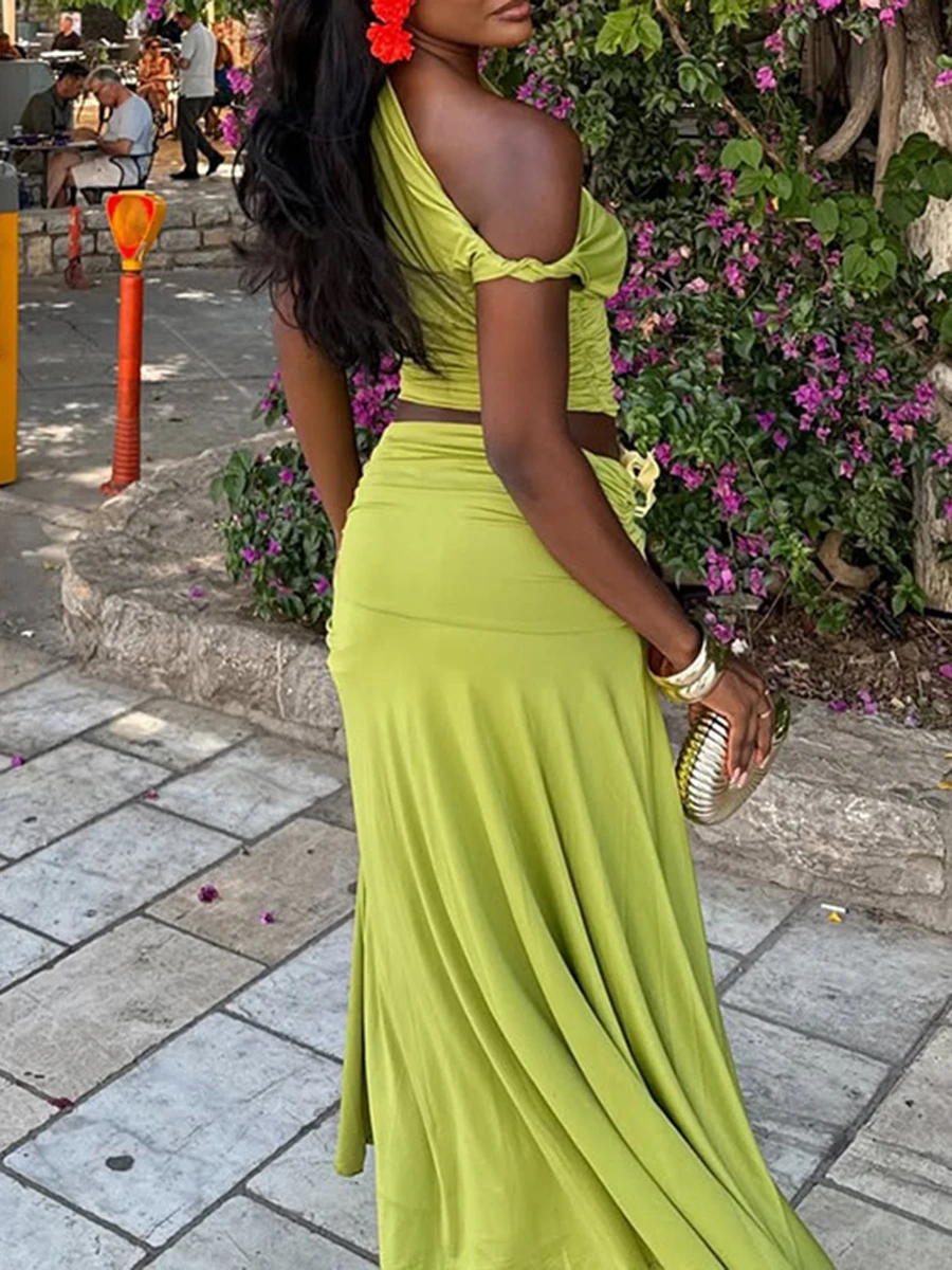 ZIML 솔리드 스플라이스 폴드 투피스 세트 여성용 사선 칼라 슬리브리스 숏탑 하이웨이스트 롱 스커트 캐주얼 세트