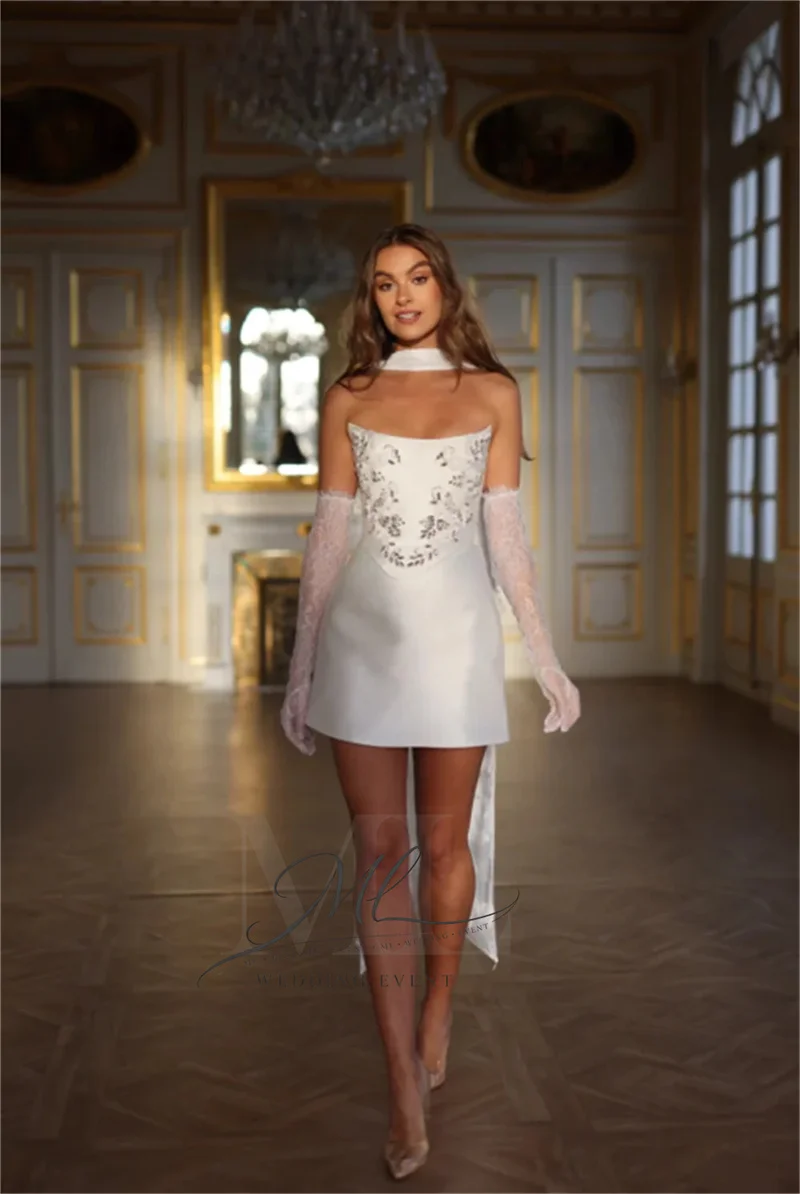 

ML Короткое свадебное платье с открытыми плечами и бусинами на заказ, с длинными кружевными рукавами, платье-корсет для после вечеринки