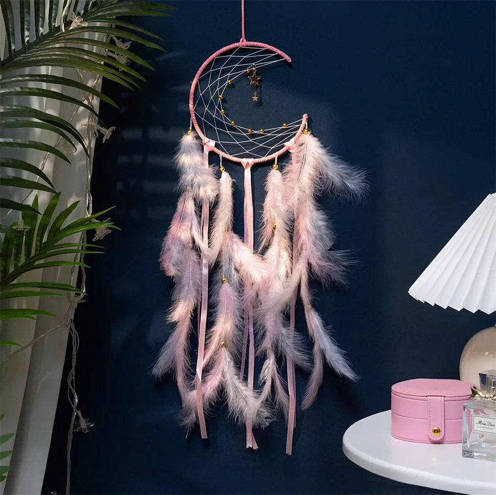 Moon Dream Catcher Feather Wind Chimes Hand-woven Wall Bedroom Hanging Ornaments Birthday Festival Gifts Home Decoration Crafts