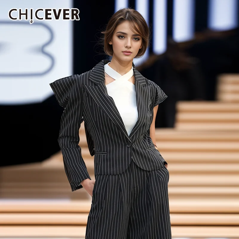 

CHICEVER Striped Streetwear Blazer For Women Notched Collar Long Sleeve Single Button Temperament Blazers Female Spring Clothes