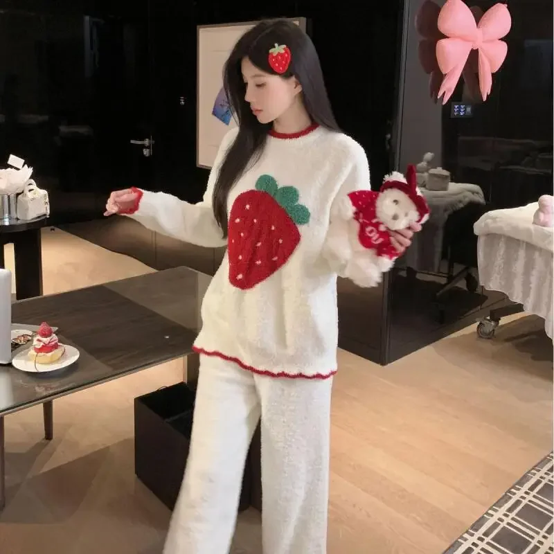 المرجان الصوف الحلو ملابس خاصة لطيف أرنب 2 قطعة منامة بنطلون دعوى فضفاضة مستديرة الرقبة ملابس المنزل الدافئة لينة كسول المتسكعون