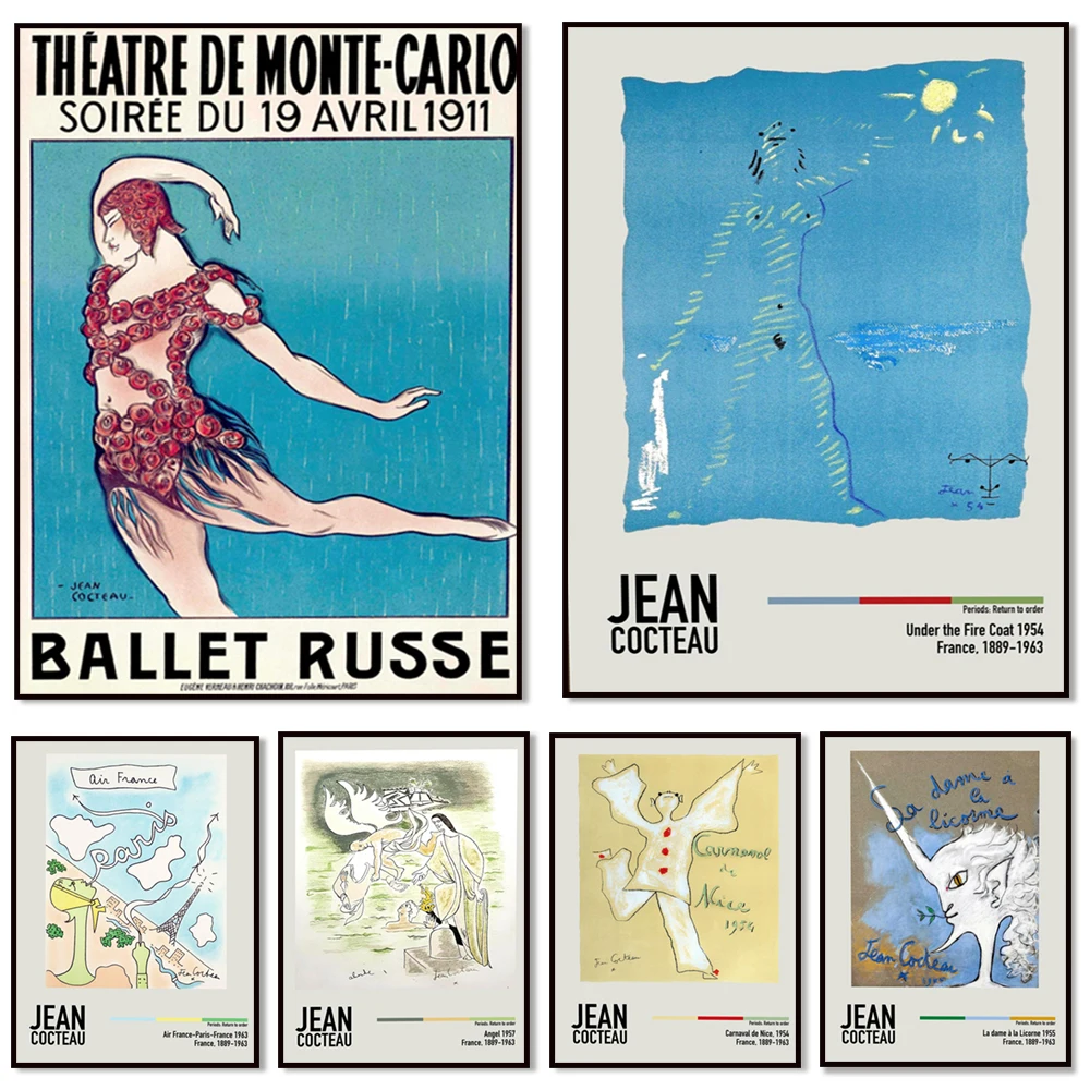 Jean Cocteau prints, France, Russian Ballet, Angels, Bouquet of parchment, Eve and the Serpent, Double Face, Jean Cocteau poster
