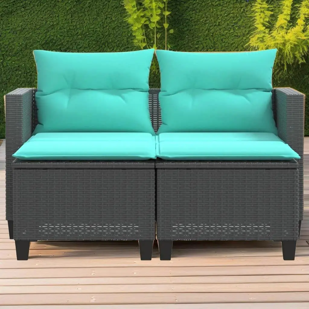 Black Poly Rattan 2-Seater Patio Sofa with Stools - Stylish Outdoor Seating